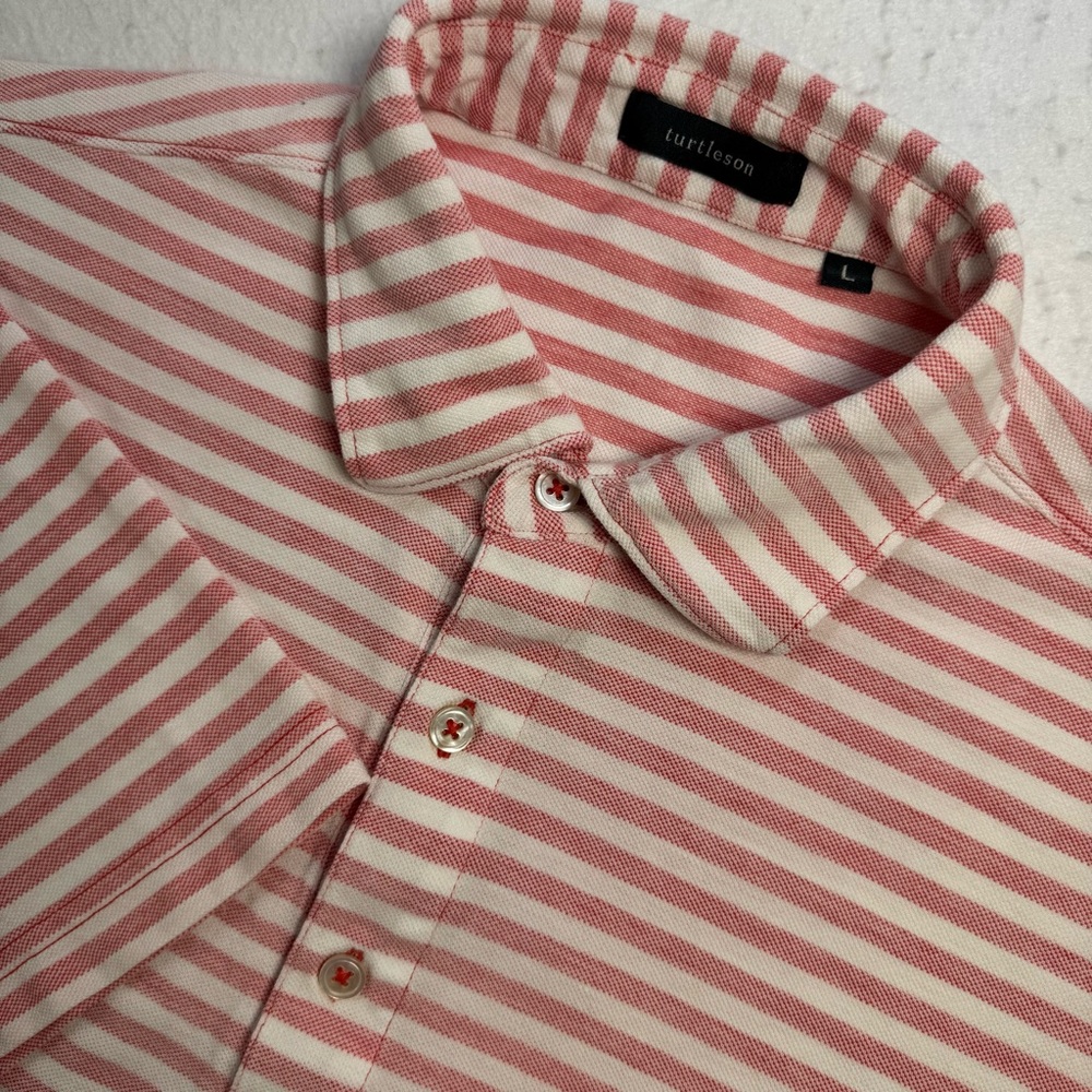 Turtleson Polo Shirt Men’s Large Pink White Stripe Pima Cotton‎ Golf